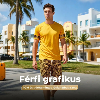 Férfi sárga, grafikás mintás, rövid ujjú melegítő szett