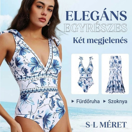 【🌺👗2 részes szett】V-nyakú csipkés nyomtatott egyrészes fürdőruha és szoknya