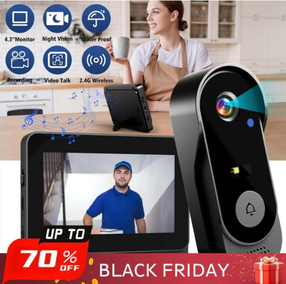 Vezeték nélküli ajtócsengő kamera: 1080P, 170°-os látószög, 4.3 hüvelykes képernyő, IPX65 kültéri vízállóság, éjjellátó