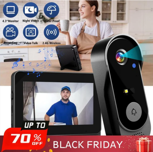 Vezeték nélküli ajtócsengő kamera: 1080P, 170°-os látószög, 4.3 hüvelykes képernyő, IPX65 kültéri vízállóság, éjjellátó