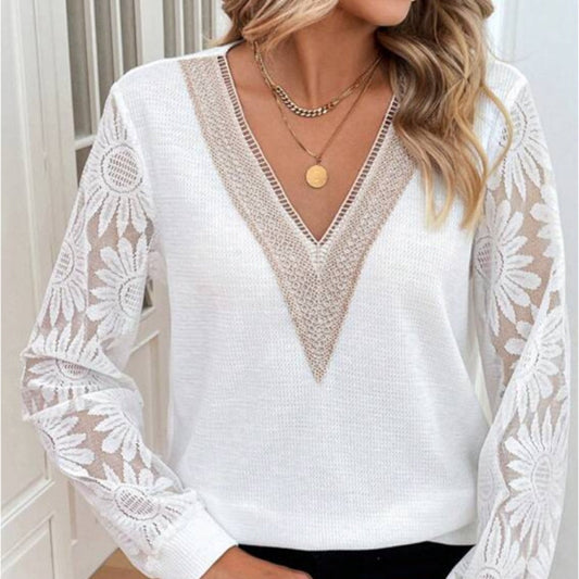 💖 (S-2XL) 🌼 Elegáns Virágos Csipkés Ujjú V-Nyakú Felső