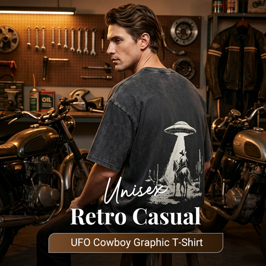 👕 Vintage UFO-s cowboyos grafikás póló – retro, egyedi, puha pamutból 🛸