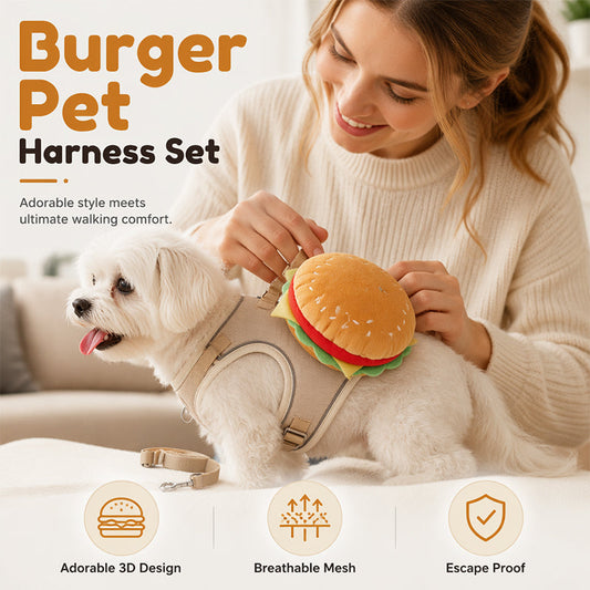 🦮Aranyos hamburgeres kutyahám és póráz szett mini hátizsákkal🍔
