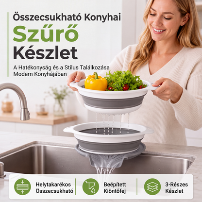 🥬 3 darabos összehajtható szűrőkészlet leeresztő alappal – Praktikus zöldség‑ és gyümölcsszűrés a konyhában