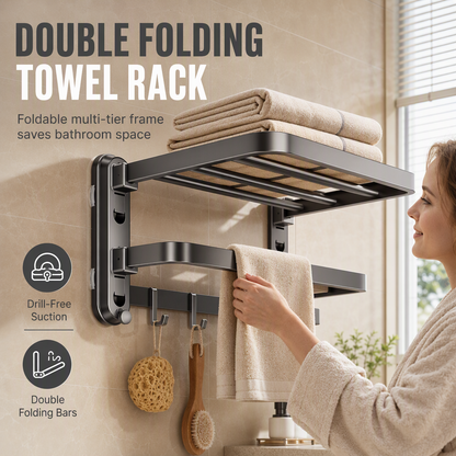 No Drill Double Folding Bathroom Towel Rack Wall Mounted Bath Towel Holder Shelf Organizer with Hooks