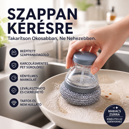 🧼50% kedvezmény most! Szappanadagolós edénysúroló kefe – karcálló, ergonómiai kialakítású mosogatókefe beépített szappanadagolóval, levehető és cserélhető tisztítófejekkel edények, lábasok és serpenyők tisztításához